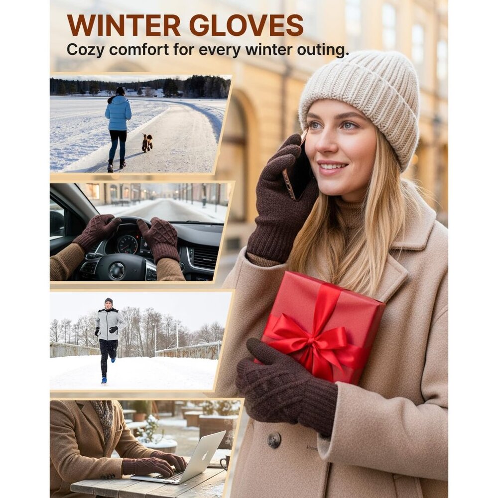 Women's Brown Wool Lining Cuffs Windproof Winter Warm Knit Cold Weather Gloves - Picture 5 of 6